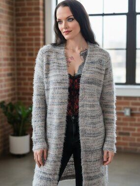 Candie’s ✦ Fuzzy Open Front Striped Cardigan Sweater ✦ Gray Pink Cozy Soft S